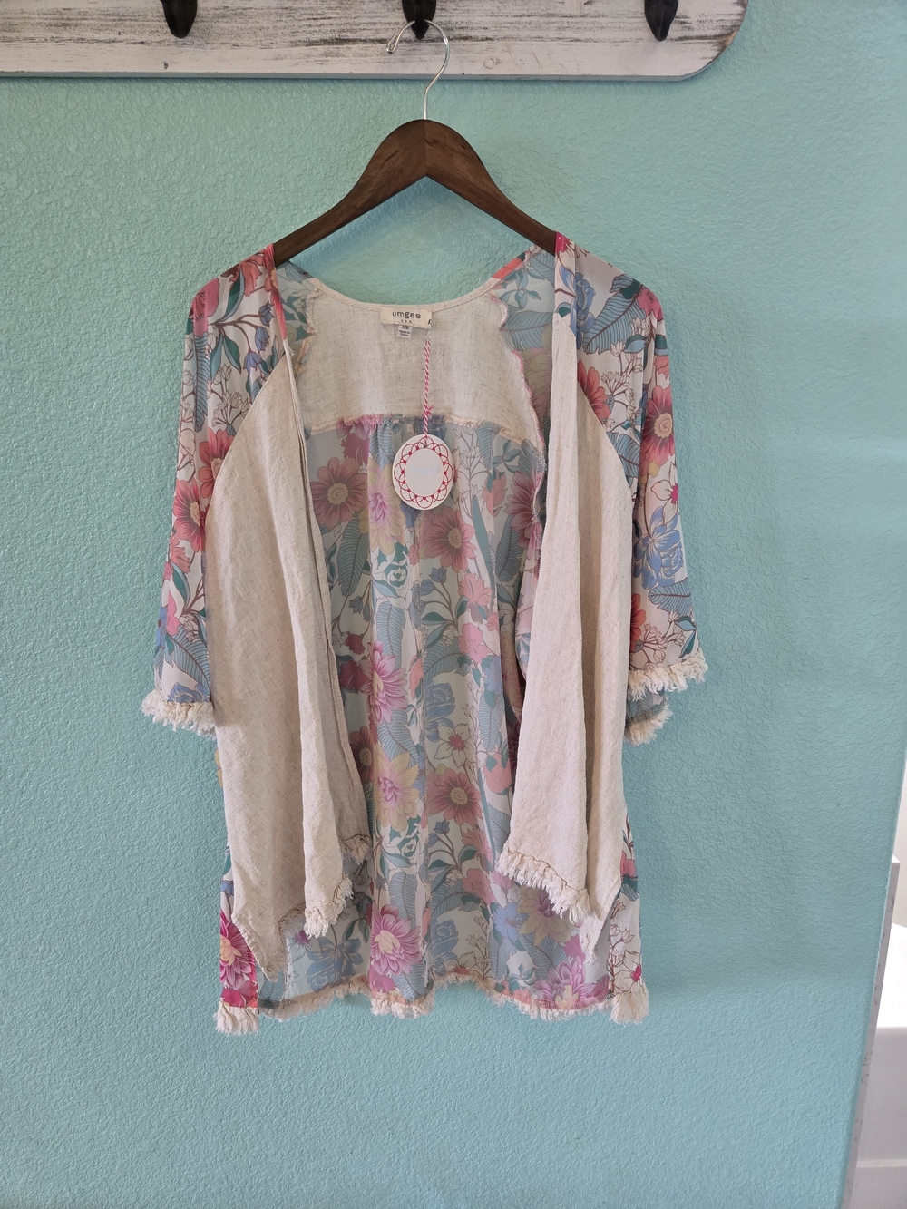 Umgee Floral Sheer Kimono in Blue, Pink & Cream